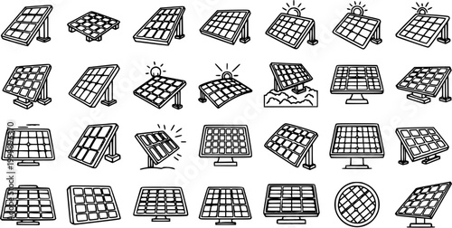Black and White Line Art Icons of Solar Panels for Renewable Energy Industry