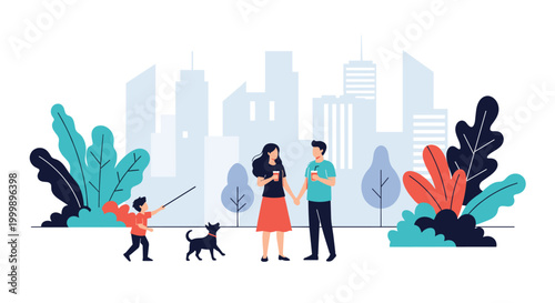 Loving young family with a small child and a dog enjoying a walk in a lush green city park with skyscrapers in the distance.