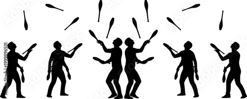 silhouette figures, juggling clubs, circus performers, black and white illustration, contrasting shapes, dynamic poses, symmetrical composition, vector art style, minimalist design, performance art