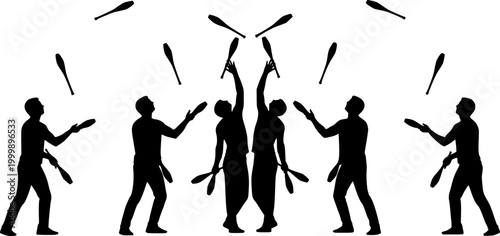 silhouette figures, juggling clubs, circus performers, black and white illustration, contrasting shapes, dynamic poses, symmetrical composition, vector art style, minimalist design, performance art