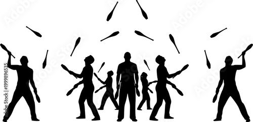 silhouette figures, juggling clubs, circus performers, black and white illustration, contrasting shapes, dynamic poses, symmetrical composition, vector art style, minimalist design, performance art