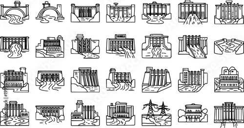 Black and White Line Art Icons of Various Dams and Hydroelectric Power Plants