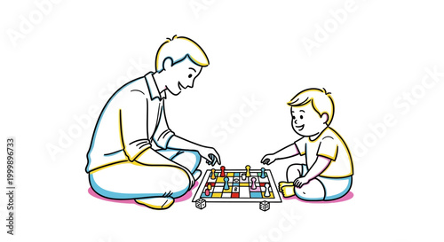 Father and young son playing a board game together.