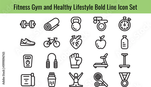 A collection of simple icons representing fitness activities and healthy lifestyle choices for wellness promotion