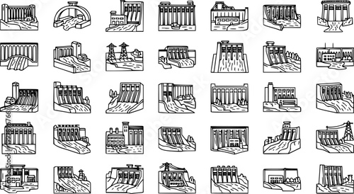 Hydroelectric Power Plant and Dam Line Art Icons. Black and White Glyph Illustrations for Energy, Engineering, and Water Management Industry