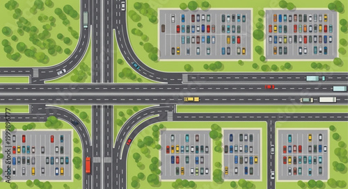 Aerial View of Busy Highway Interchange with Traffic and Parking Lots.