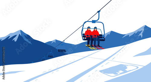 Couple Riding Ski Lift Up Snowy Mountain Slope in Winter
