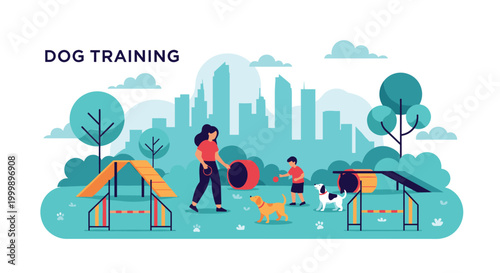 Professional dog training session in a city park featuring various agility obstacles, trainers, and different breeds.