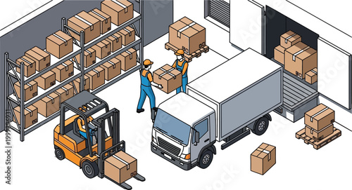 warehouse workers loading boxes onto truck high quality