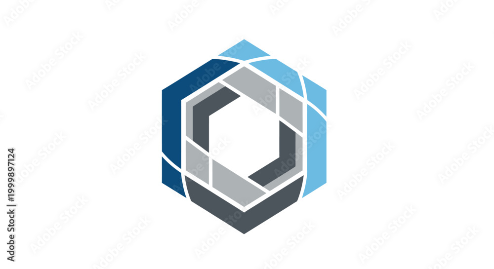Fototapeta premium Abstract geometric logo design with blue, gray, and white elements.
