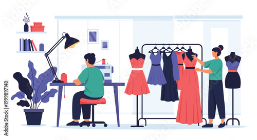 Professional tailor shop where designers work on a sewing machine and arrange dresses on a rack and mannequins.