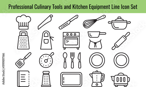 A collection of line icons depicting various professional culinary tools and kitchen equipment for chefs and cooking enthusiasts
