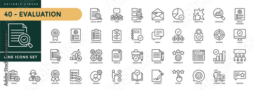 A collection of Evaluation icons set with editable stroke, including assessment, review, rate, grade, project. Thin linear vector illustration.