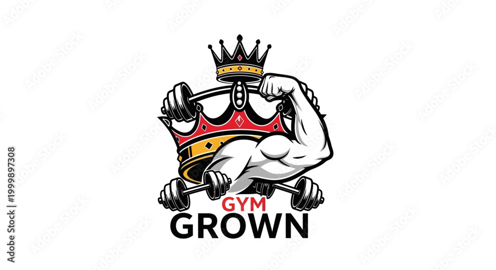 Fototapeta premium Gym Grown Logo Featuring Strong Arm with Crown and Dumbbells