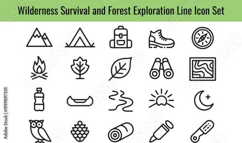 Explore essential wilderness survival icons for outdoor adventures and nature exploration