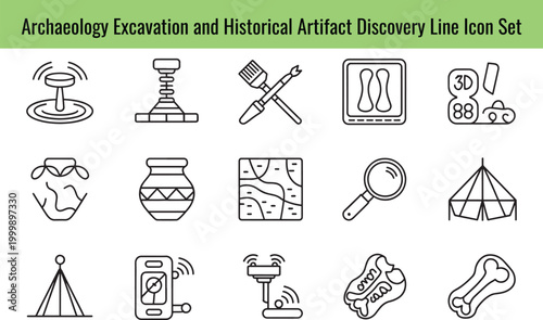 Icons representing archaeology excavation and discovery of historical artifacts in a simple line art style