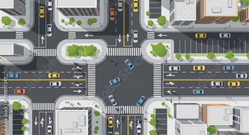 Busy City Intersection with Cars and Buildings Aerial View.