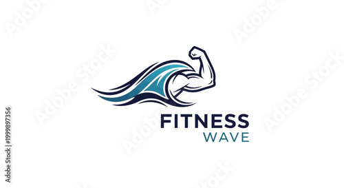 Fitness Wave Logo with Flexing Arm and Ocean Elements