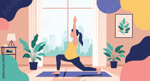 Pregnant woman practicing yoga in her living room with a city view through the window, promoting health and wellness during pregnancy.