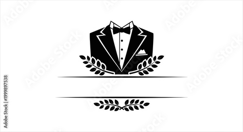 Elegant tuxedo with bow tie and pocket square, framed by laurel wreaths, a classic symbol of sophistication.