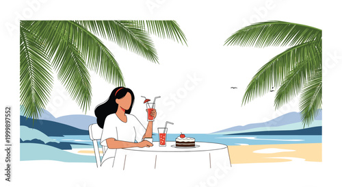 Young woman enjoying delicious cake and refreshing cocktails at a beachfront table under tropical palm trees during summer vacation.