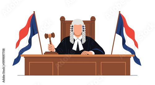 Formal judge sitting at a judicial bench with a wooden gavel and national flags, representing the law, justice, and legal system.