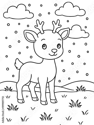 Cute Reindeer in Winter Wonderland: A charming illustration captures a cute reindeer standing gracefully in a snowy winter wonderland. The scene evokes a sense of wintery delight and warmth.