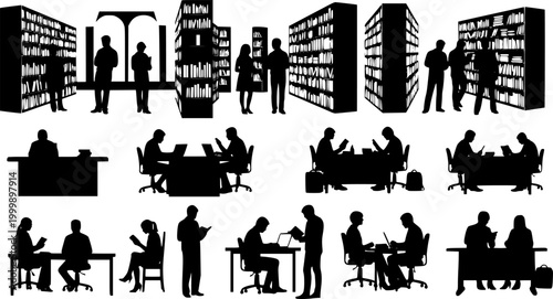 Silhouettes of people reading and working in a library with bookshelves and desks depicted in black | editable eps vectors