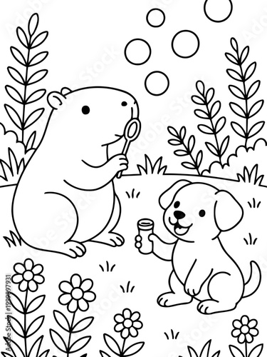 Joyful Daydream: A cute hamster, delightedly blowing soap bubbles for a playful puppy amidst a whimsical garden, conjuring a sense of pure joy.