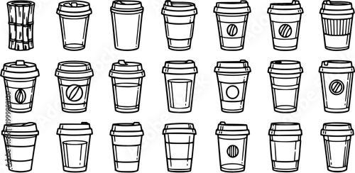 Black  White Line Art Coffee Cups Vector Illustration Set. Hand-drawn Outline Disposable Takeaway Mugs for Beverage and Cafe Industry.