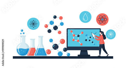 Professional female scientist working on a computer and analyzing complex chemical formulas and molecular structures in a laboratory.