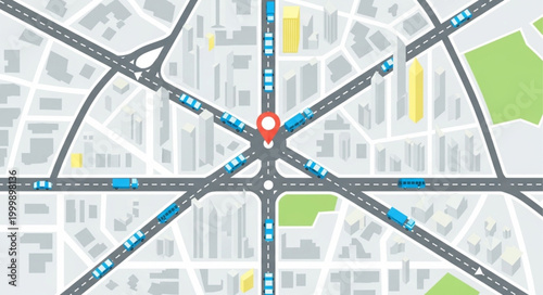 Foto Aerial view of a complex city intersection with traffic flow.