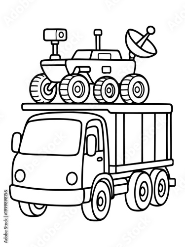 Space Rover Transportation: An illustration of a transport truck carries a detailed space rover, capturing a fusion of terrestrial transport and space exploration.
