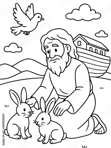 Noah's Ark and the Animals: A heartwarming scene depicts Noah with rabbits and a dove, alongside the Ark, against a backdrop of rolling hills and clouds, symbolizing hope and renewal.