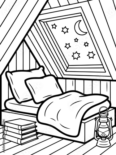 Cozy Attic Bedroom Illustration: An inviting illustration of a snug attic bedroom, complete with a comfortable bed, a stack of books, and a window framing a serene night sky.