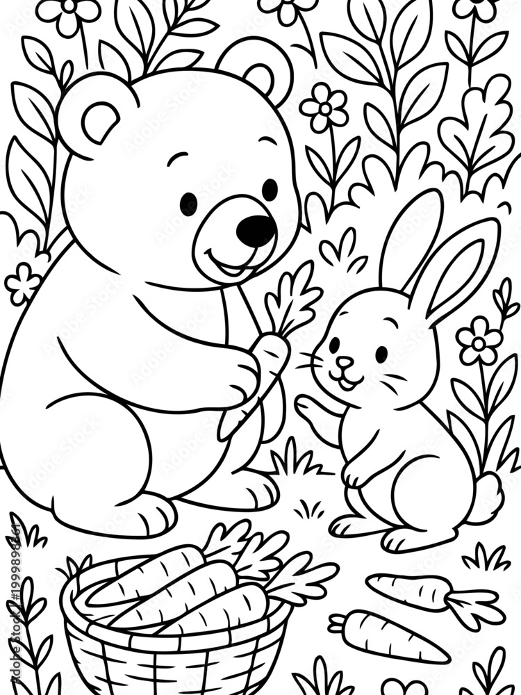 Fototapeta premium Friendship in the Garden: A sweet illustration showcases a friendly bear offering a carrot to an adorable rabbit in a whimsical garden setting.