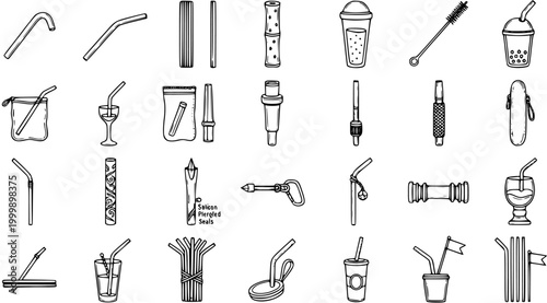 Eco-Friendly Reusable Drinking Straws, Brushes, and Cases Black  White Line Art Icons Set for Sustainable Food  Drink Niche Illustration