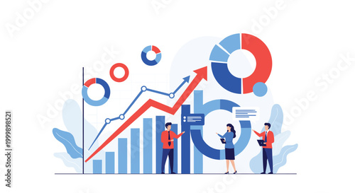 Diverse team of business professionals collaborating and analyzing large financial growth charts and infographics in a modern office.