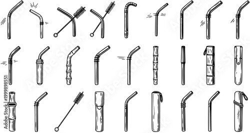 Sustainable Living: Reusable Drinking Straws  Accessories Icon Set. Hand-Drawn Black  White Vector of Metal, Bamboo Straws, Cleaning Brushes, and Cases.