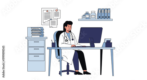 Dedicated female doctor in a white coat working on a computer and managing patient records at her desk in a hospital office.
