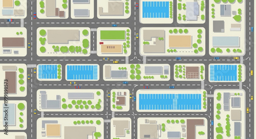 Aerial view of a city block with buildings and streets.