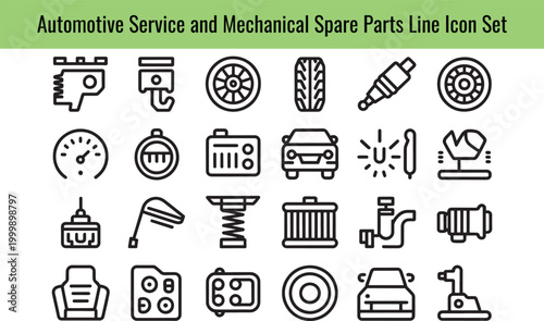 A comprehensive collection of detailed line icons representing automotive service, mechanical spare parts, and vehicle maintenance elements on transparent background. on transparent background