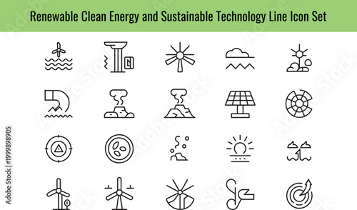 Diverse set of renewable clean energy and sustainable technology line icons representing wind, solar, geothermal, and water power on transparent background