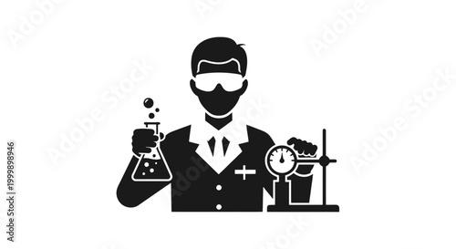 Scientist in Lab Coat Holding Flask.