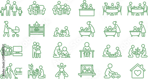Diverse collection of green outline family icons, showcasing daily activities and heartwarming domestic scenes.