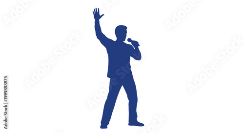 Man Singing into Microphone with Hand Raised.