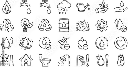 Hand-drawn Black and White Water Conservation Icons Set: Environmental Sustainability, Plumbing, and Usage Doodles Collection