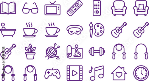 Collection of purple line art icons representing various leisure activities and home comforts