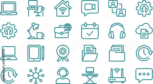Collection of professional icons representing remote work, technology, and business operations.