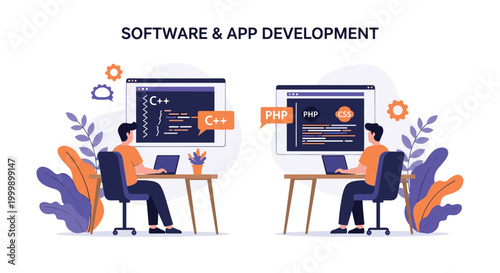 Two professional software developers working on computers and coding apps in different languages like C++, PHP, and CSS.